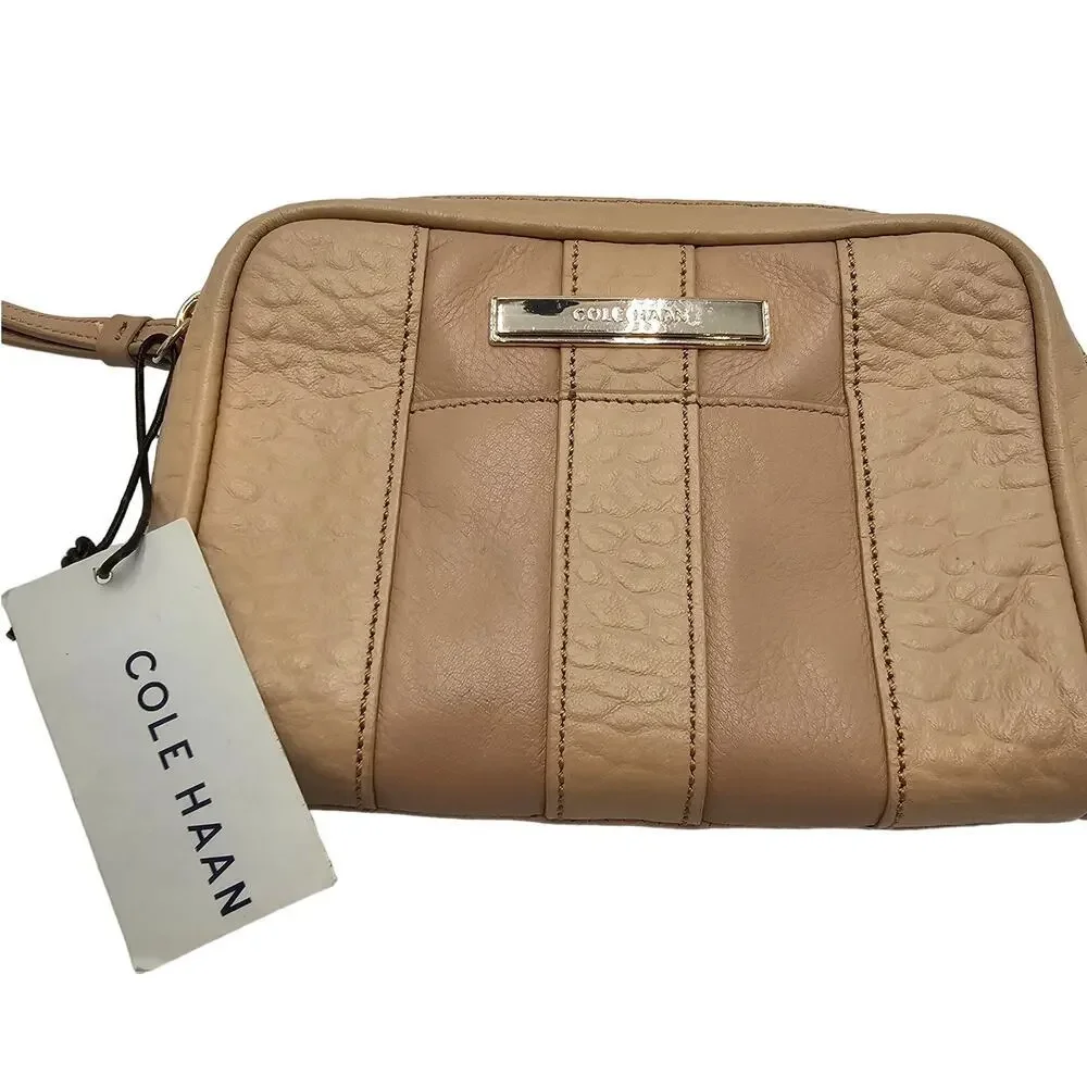 Cole Haan Wristlet Bag Zip Around Purse Leather Neutral Classic Timeless Capsule